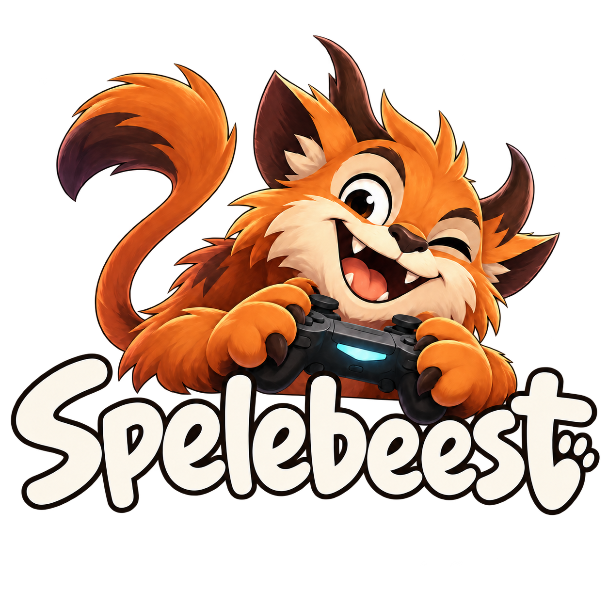 Spelebeest — a playful orange mascot holding a controller